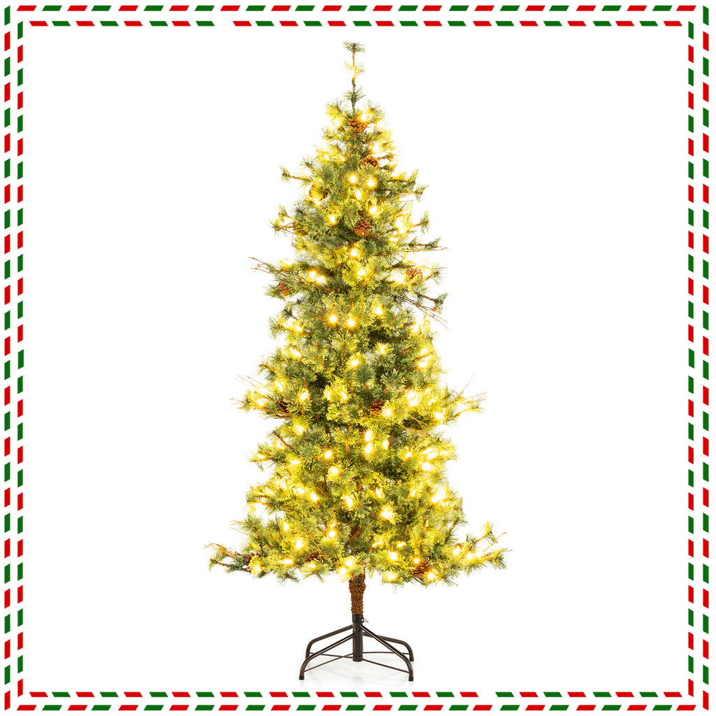 6/7/8 Feet Artificial Christmas Tree Pre-lit Xmas Tree with Warm White LED Lights and Pine Cones - 6 ft Variant