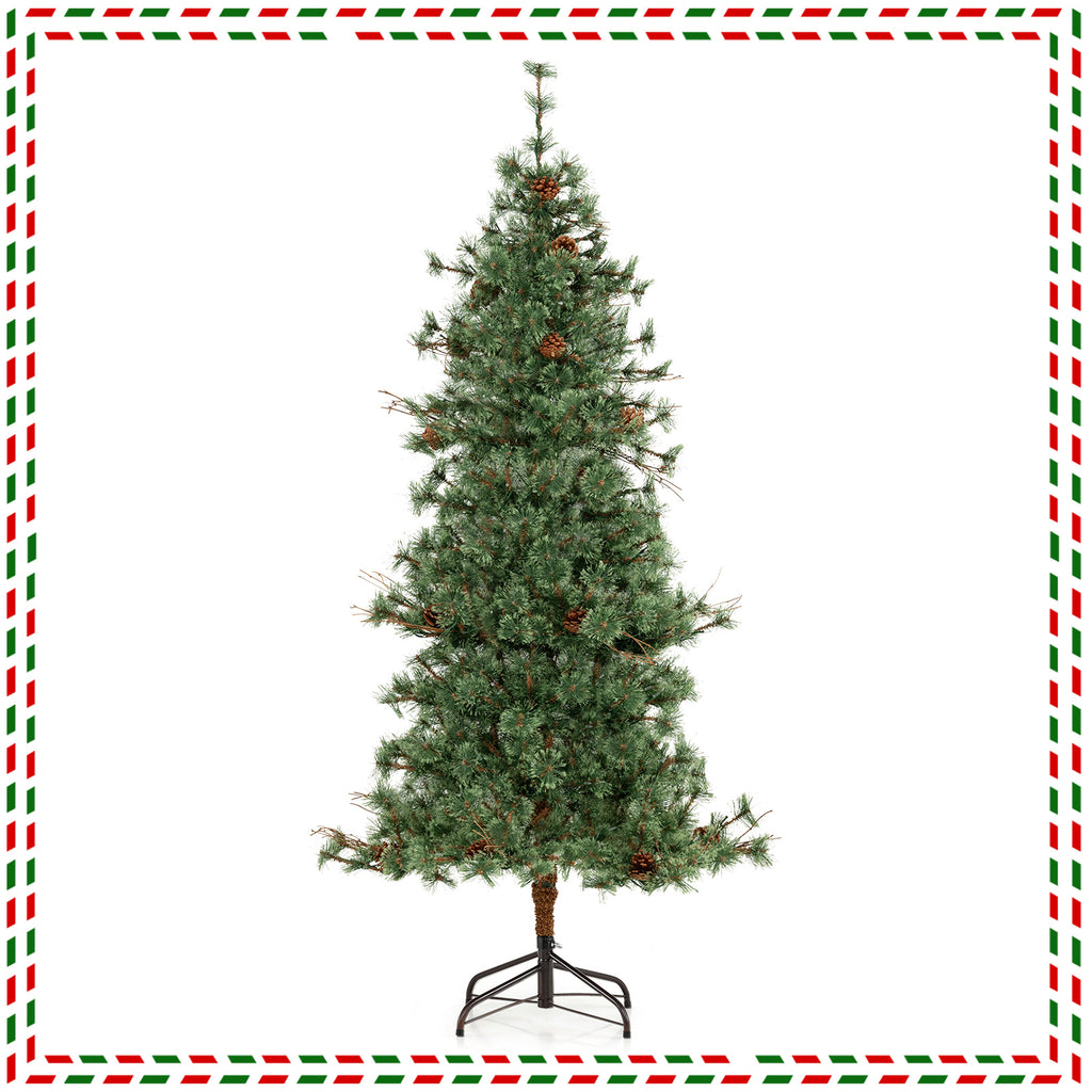 6/7/8 Feet Artificial Christmas Tree Pre-lit Xmas Tree with Warm White LED Lights and Pine Cones - 6 ft Variant