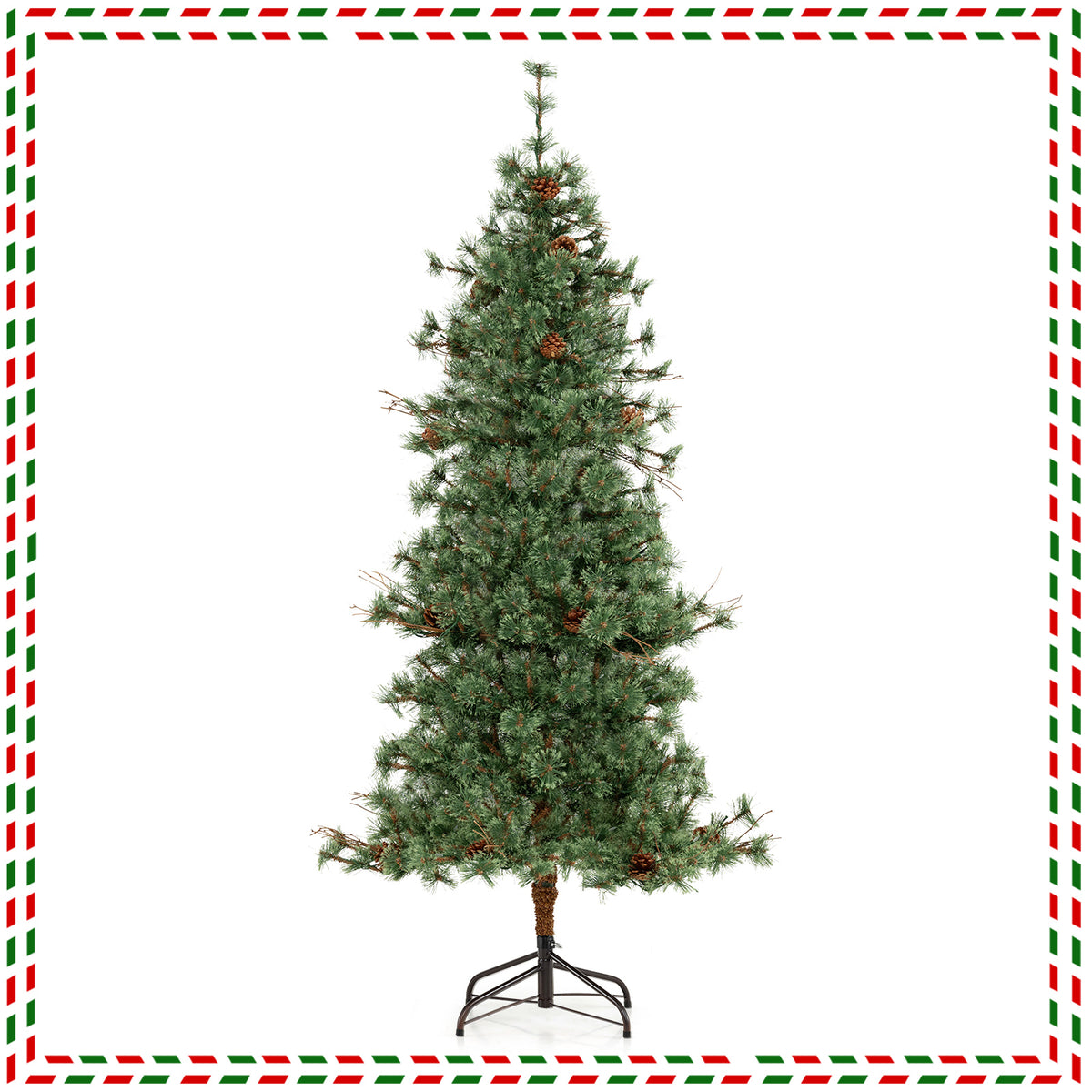 6/7/8 Feet Artificial Christmas Tree Pre-lit Xmas Tree with Warm White LED Lights and Pine Cones - 6 ft Variant