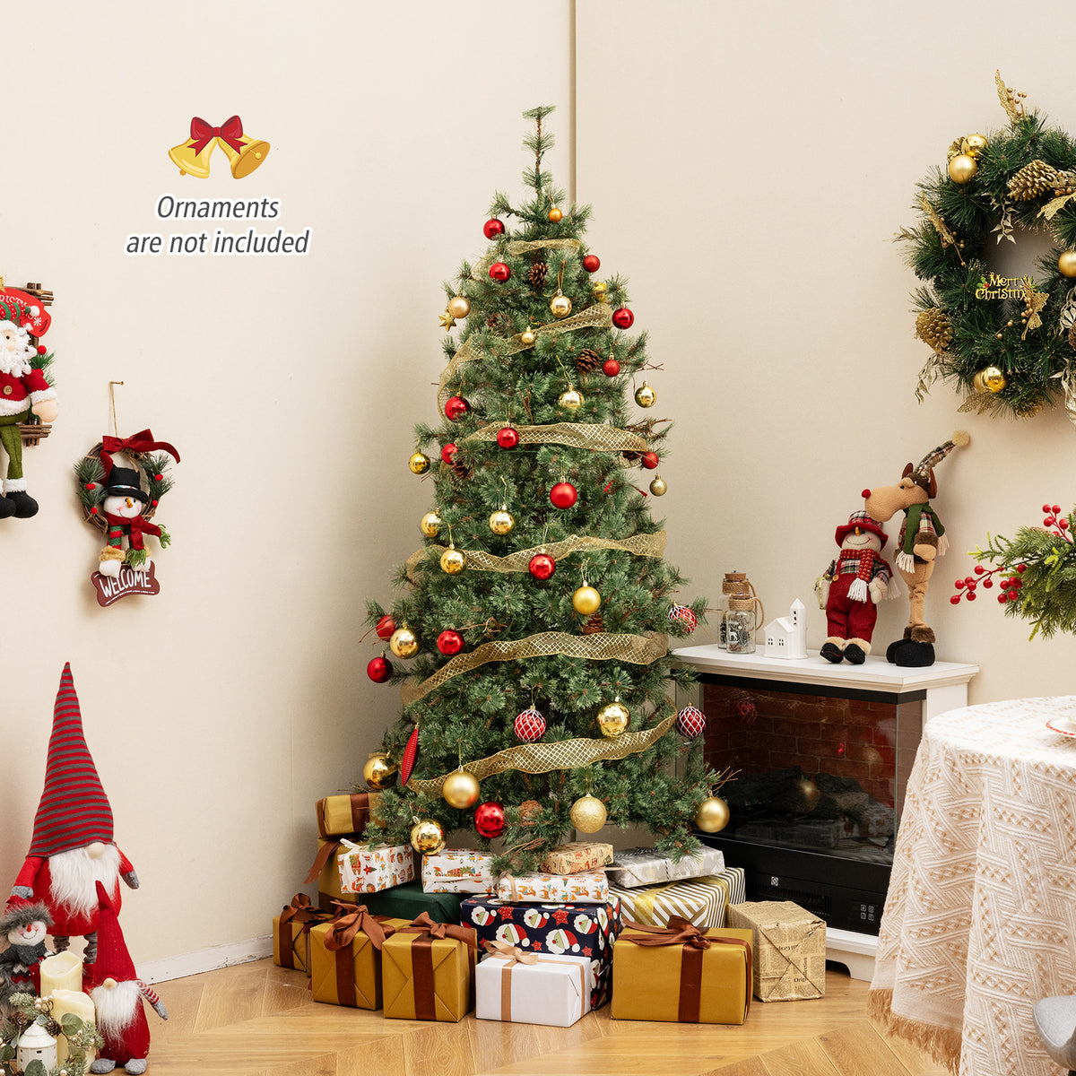 6/7/8 Feet Artificial Christmas Tree Pre-lit Xmas Tree with Warm White LED Lights and Pine Cones - 6 ft Variant