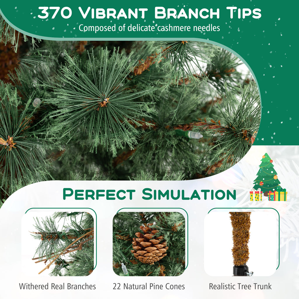 6/7/8 Feet Artificial Christmas Tree Pre-lit Xmas Tree with Warm White LED Lights and Pine Cones - 6 ft Variant