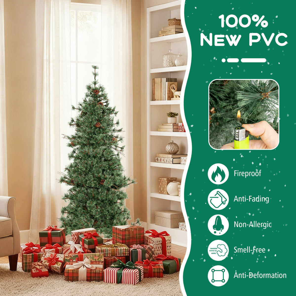 6/7/8 Feet Artificial Christmas Tree Pre-lit Xmas Tree with Warm White LED Lights and Pine Cones - 6 ft Variant