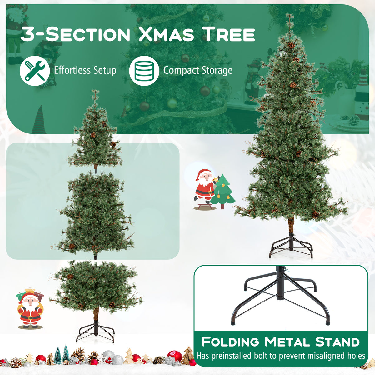 6/7/8 Feet Artificial Christmas Tree Pre-lit Xmas Tree with Warm White LED Lights and Pine Cones - 6 ft Variant