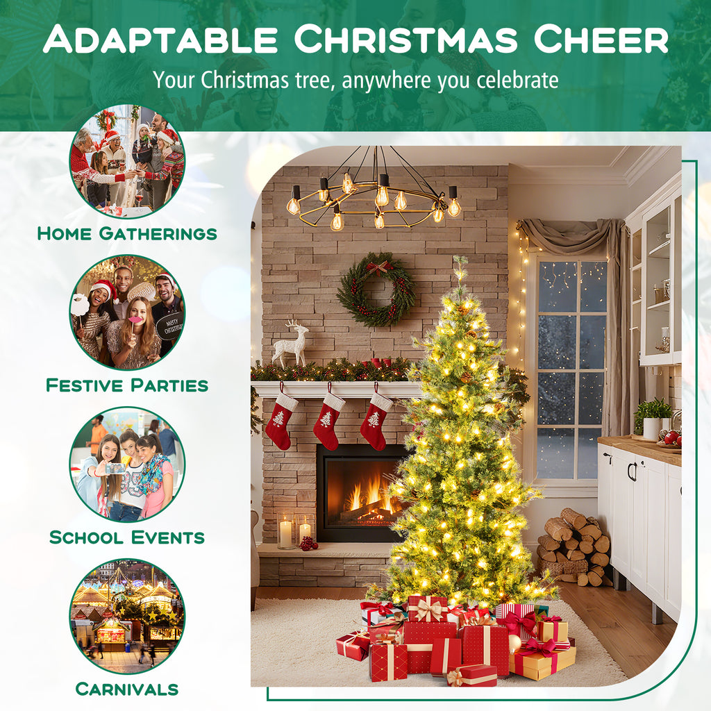 6/7/8 Feet Artificial Christmas Tree Pre-lit Xmas Tree with Warm White LED Lights and Pine Cones - 6 ft Variant