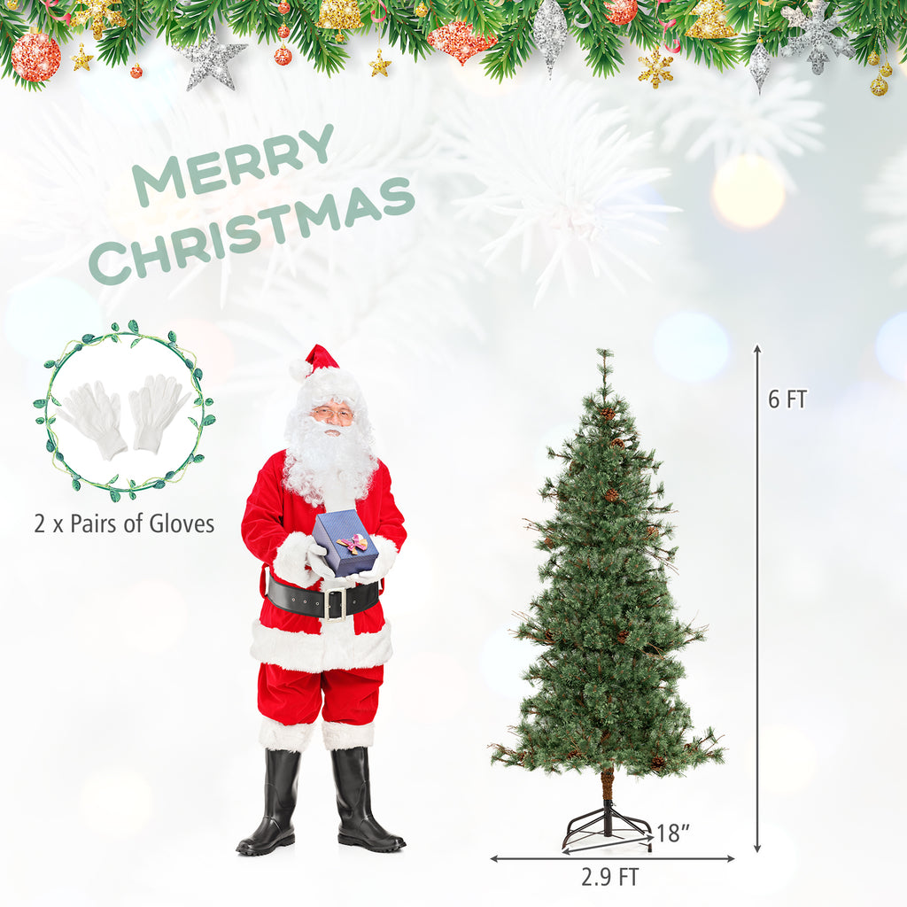 6/7/8 Feet Artificial Christmas Tree Pre-lit Xmas Tree with Warm White LED Lights and Pine Cones - 6 ft Variant
