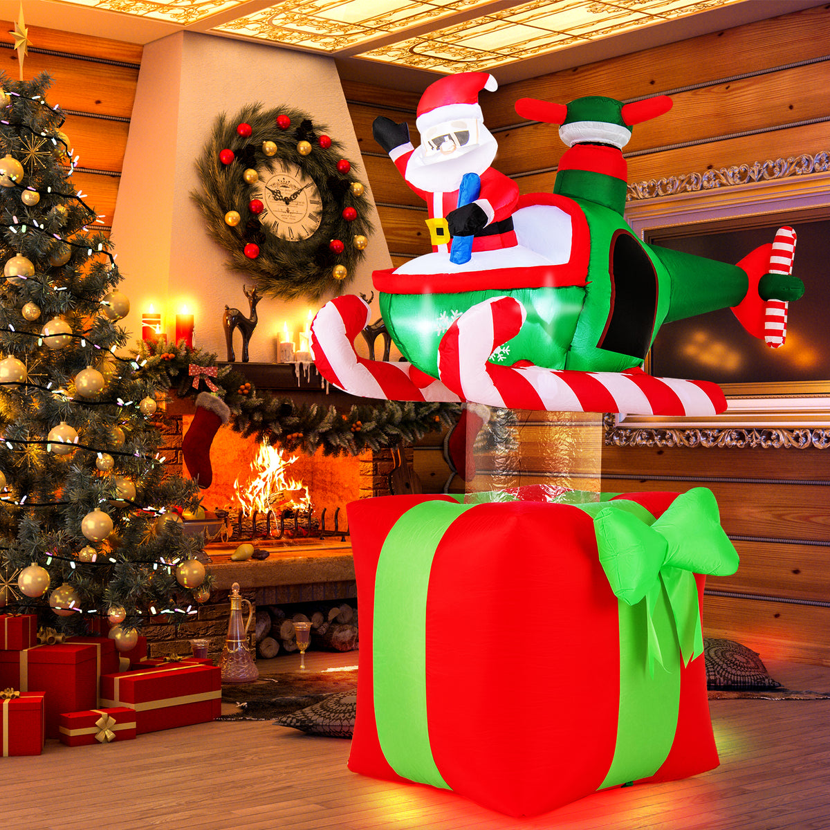 Santa Claus Flying Plane Inflatable Christmas Decor with LED Lights & Built-In Blower - C Style