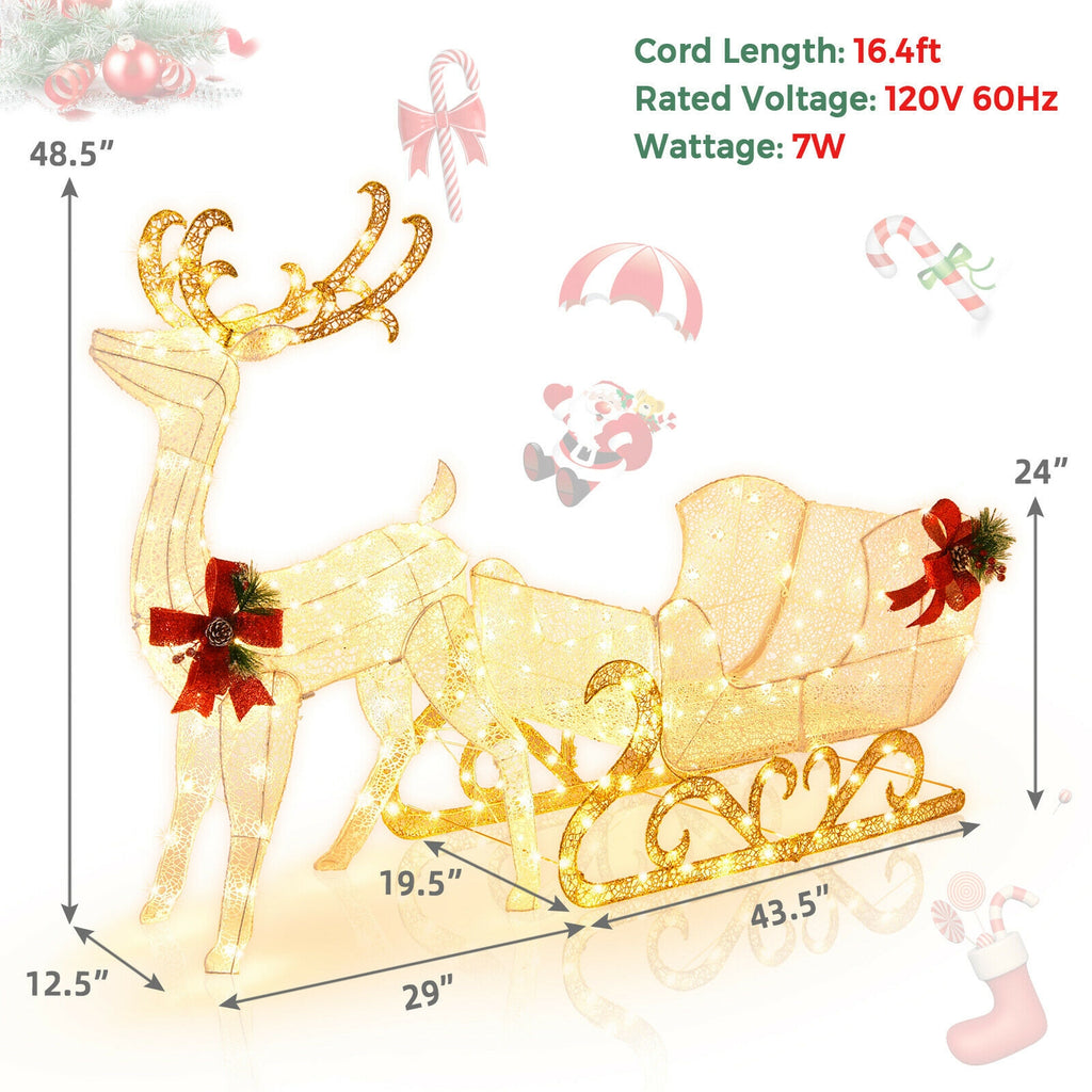 2-Piece Golden Lighted Christmas Reindeer & Santa's Sleigh Decoration Set with Stakes