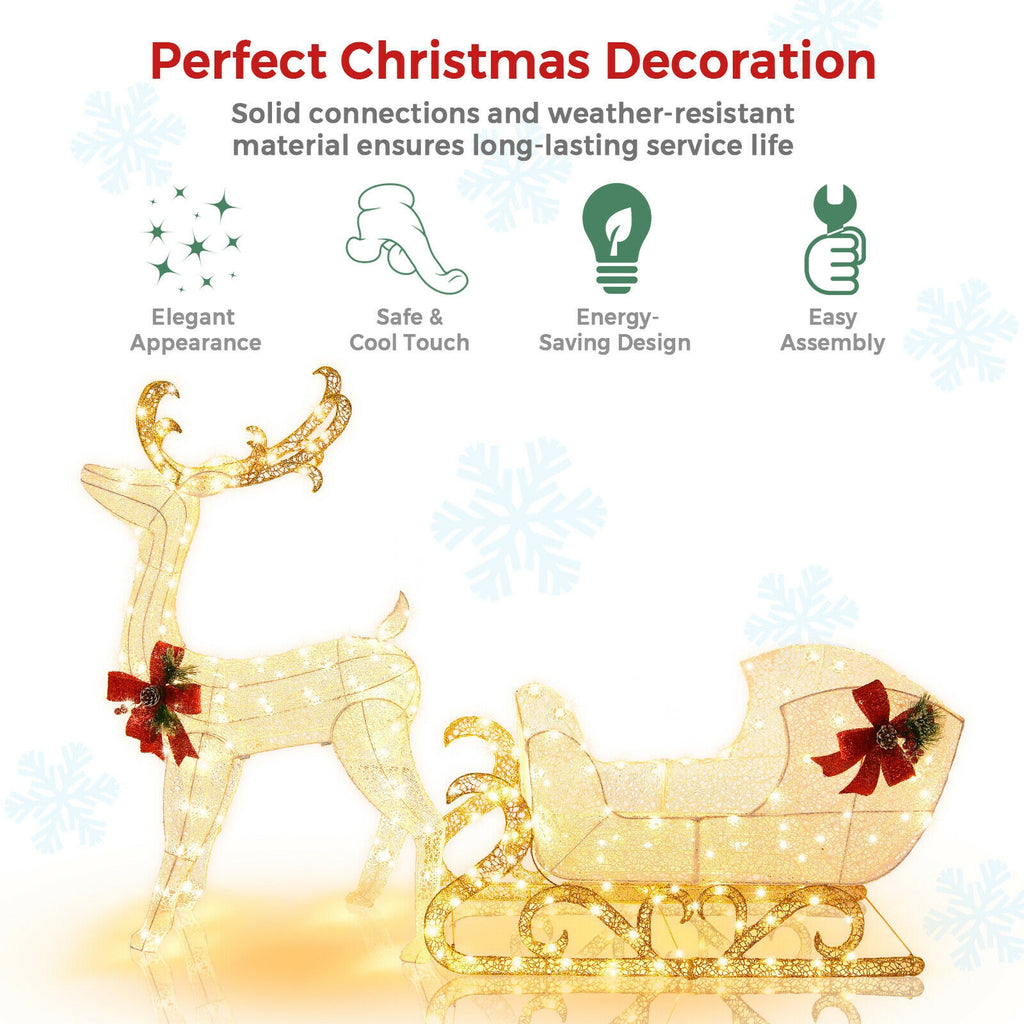 2-Piece Golden Lighted Christmas Reindeer & Santa's Sleigh Decoration Set with Stakes