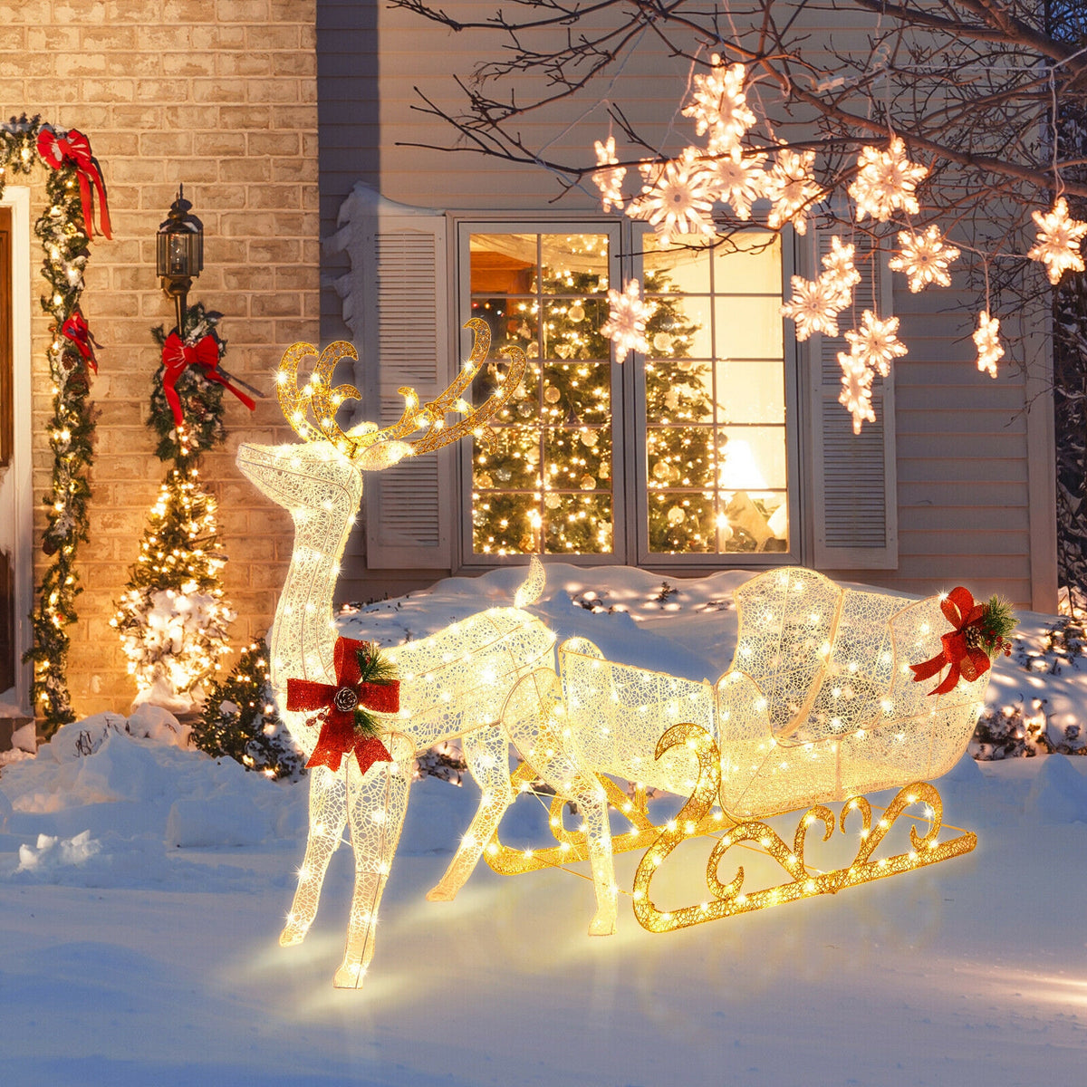 2-Piece Golden Lighted Christmas Reindeer & Santa's Sleigh Decoration Set with Stakes