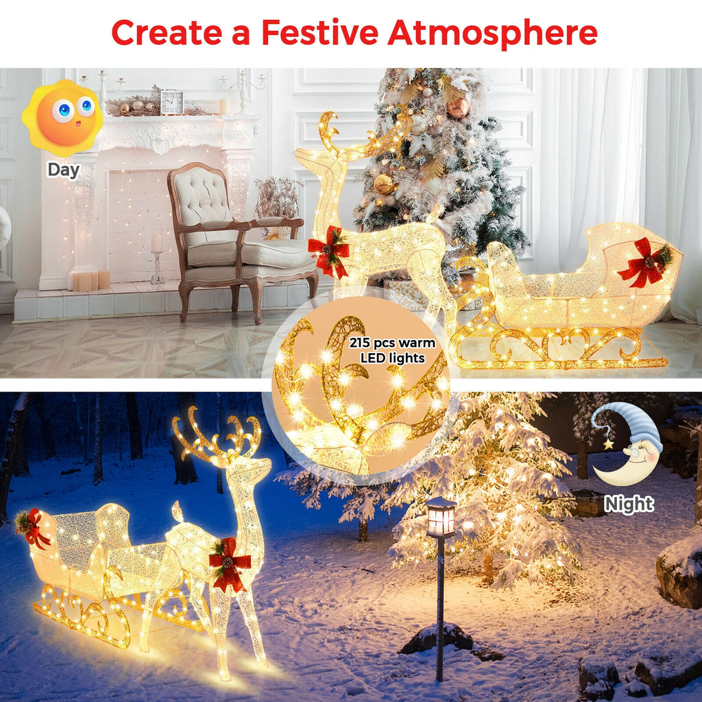 2-Piece Golden Lighted Christmas Reindeer & Santa's Sleigh Decoration Set with Stakes