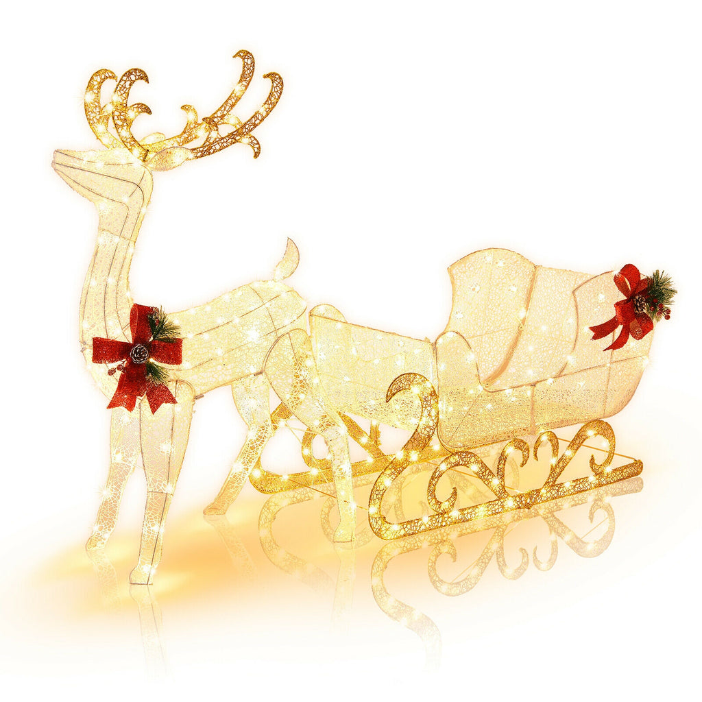 2-Piece Golden Lighted Christmas Reindeer & Santa's Sleigh Decoration Set with Stakes