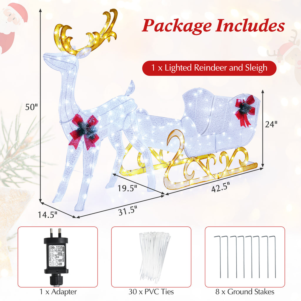 2-Piece Christmas Lighted Reindeer & Santa's Sleigh Decoration Set - White, 6 Feet