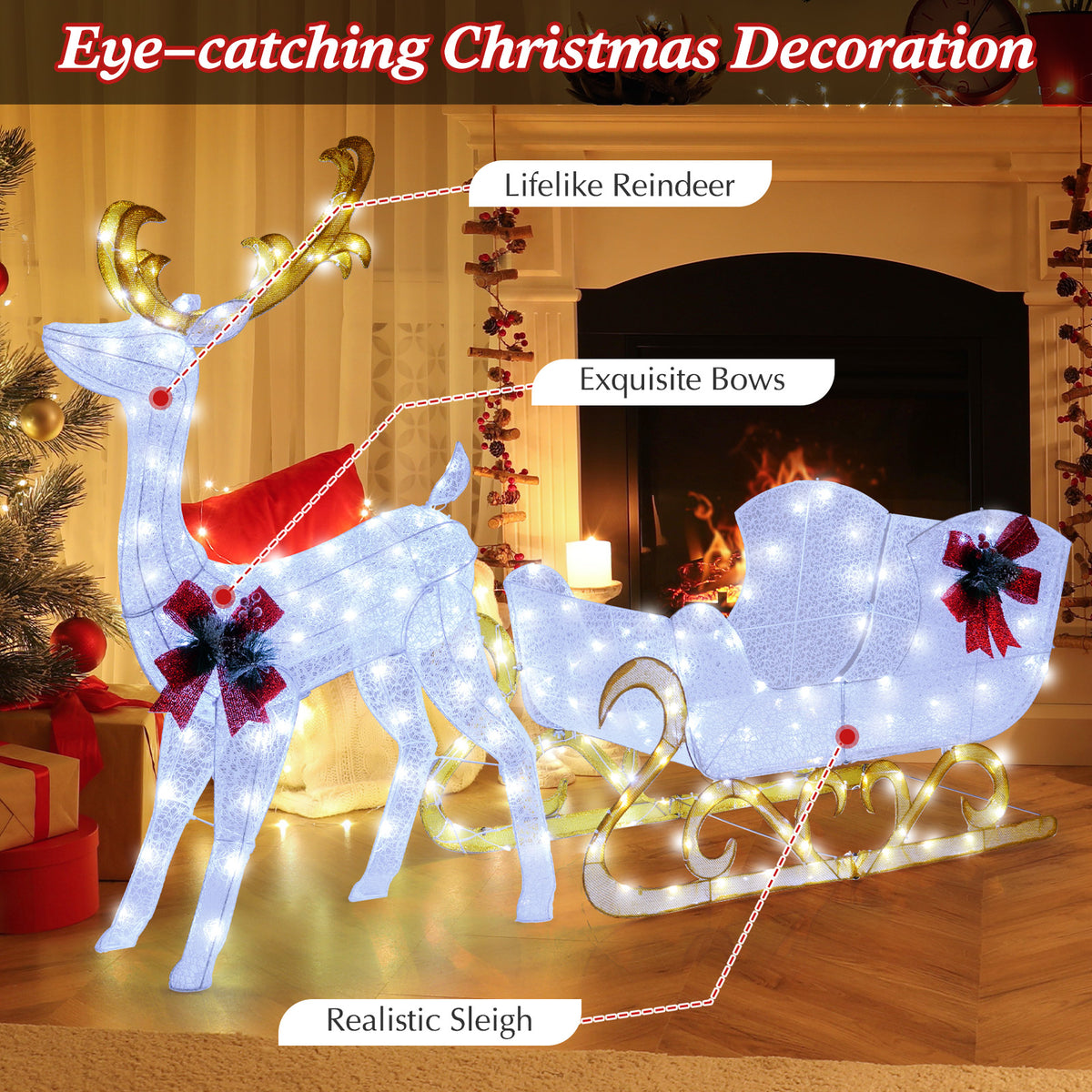2-Piece Christmas Lighted Reindeer & Santa's Sleigh Decoration Set - White, 6 Feet