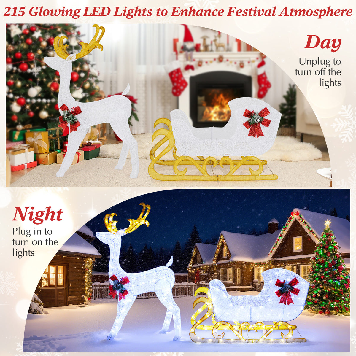 2-Piece Christmas Lighted Reindeer & Santa's Sleigh Decoration Set - White, 6 Feet