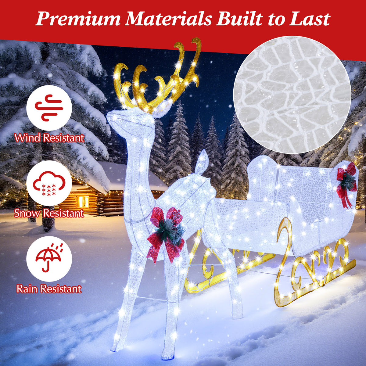 2-Piece Christmas Lighted Reindeer & Santa's Sleigh Decoration Set - White, 6 Feet