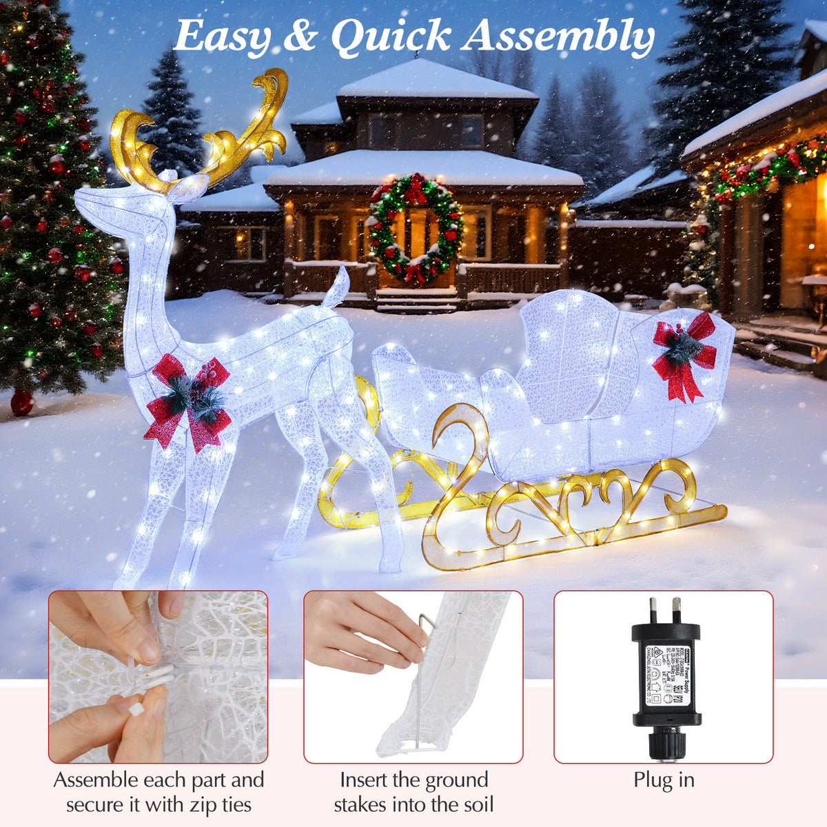 2-Piece Christmas Lighted Reindeer & Santa's Sleigh Decoration Set - White, 6 Feet