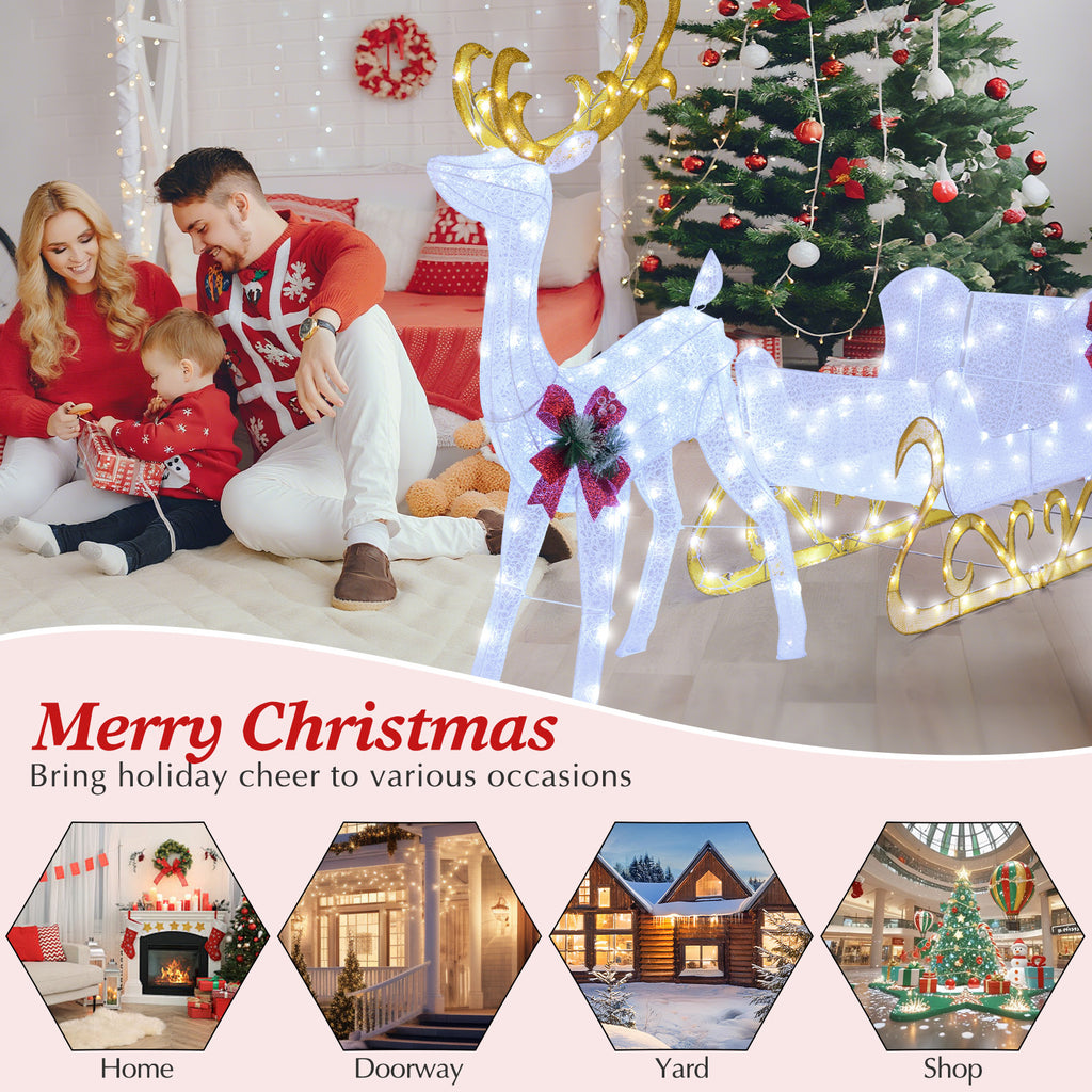 2-Piece Christmas Lighted Reindeer & Santa's Sleigh Decoration Set - White, 6 Feet