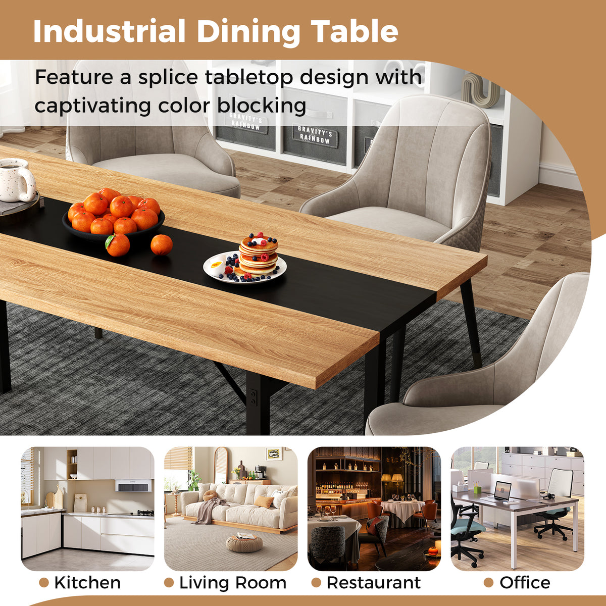 6-Foot Dining Table for 6-8 People, Metal Frame - Natural
