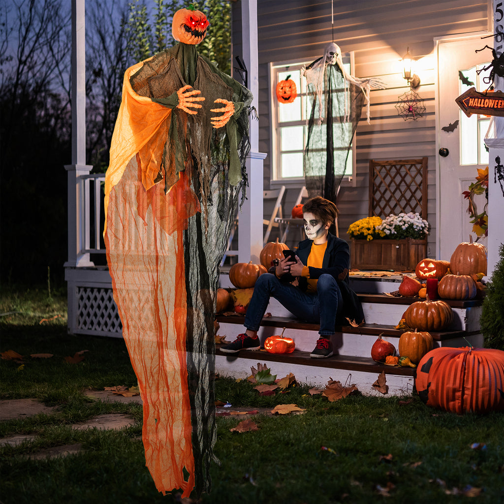6 Feet Hanging Pumpkin Ghost with Red LED Eyes & Bendable Arms - Spooky Indoor/Outdoor Decor