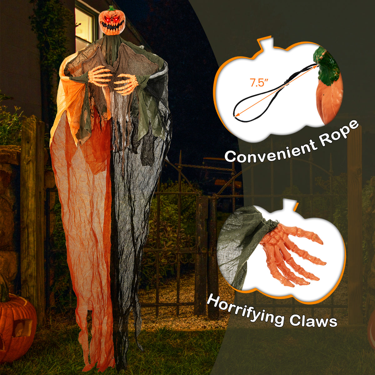 6 Feet Hanging Pumpkin Ghost with Red LED Eyes & Bendable Arms - Spooky Indoor/Outdoor Decor