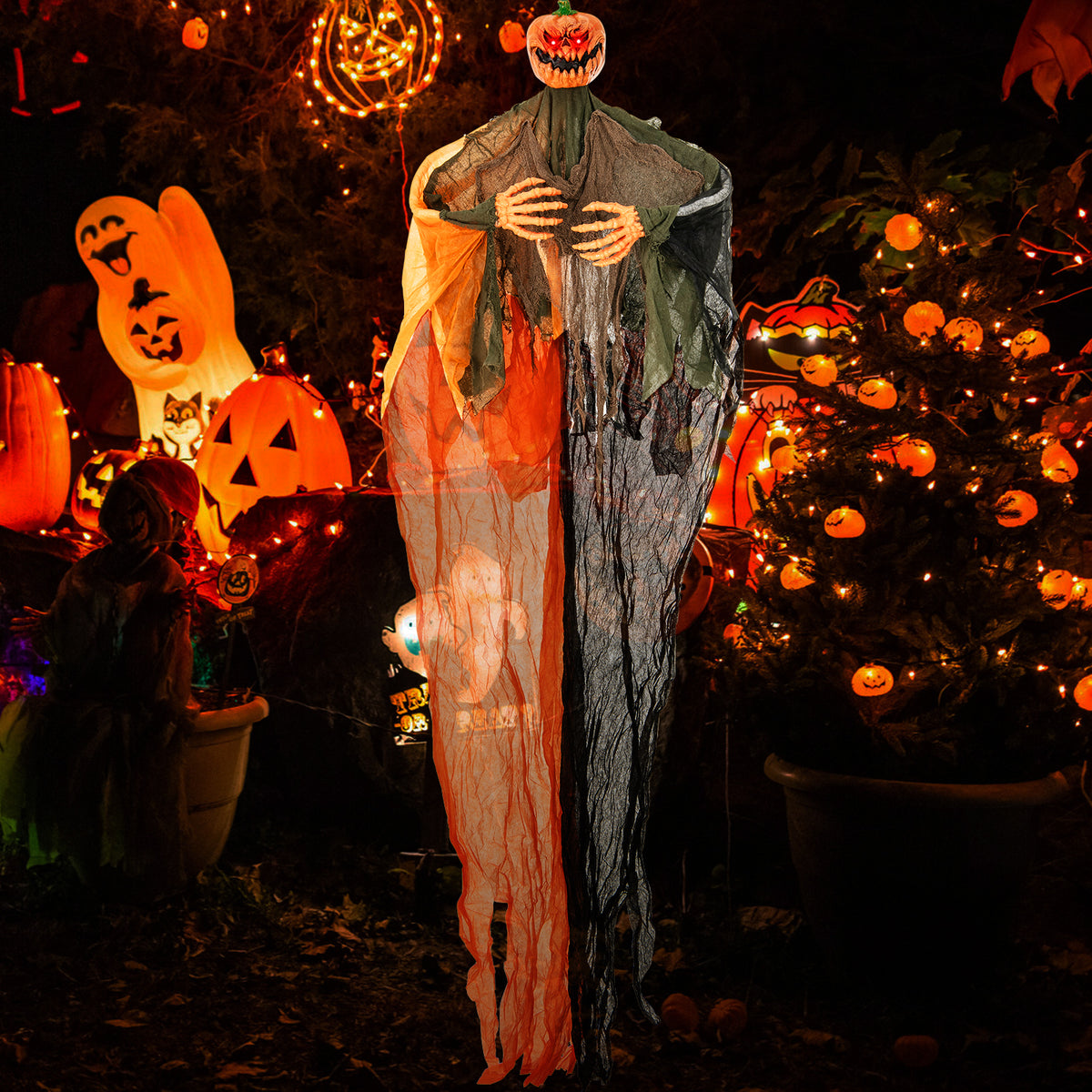 6 Feet Hanging Pumpkin Ghost with Red LED Eyes & Bendable Arms - Spooky Indoor/Outdoor Decor