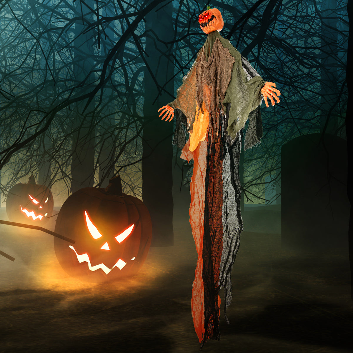 6 Feet Hanging Pumpkin Ghost with Red LED Eyes & Bendable Arms - Spooky Indoor/Outdoor Decor