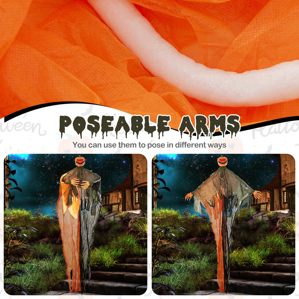 6 Feet Hanging Pumpkin Ghost with Red LED Eyes & Bendable Arms - Spooky Indoor/Outdoor Decor