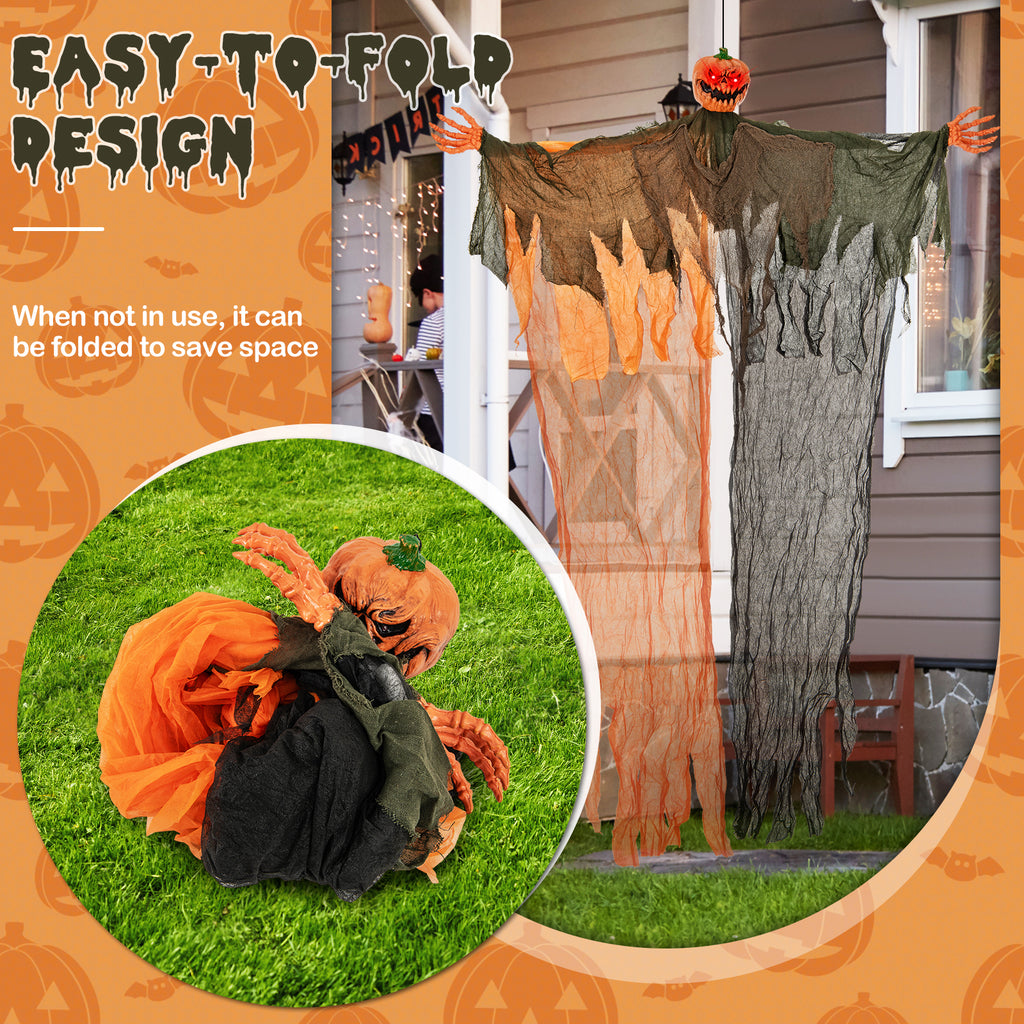 6 Feet Hanging Pumpkin Ghost with Red LED Eyes & Bendable Arms - Spooky Indoor/Outdoor Decor
