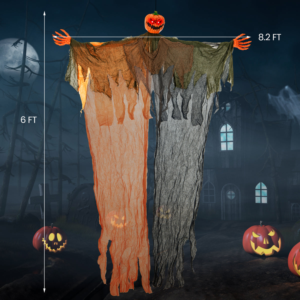 6 Feet Hanging Pumpkin Ghost with Red LED Eyes & Bendable Arms - Spooky Indoor/Outdoor Decor