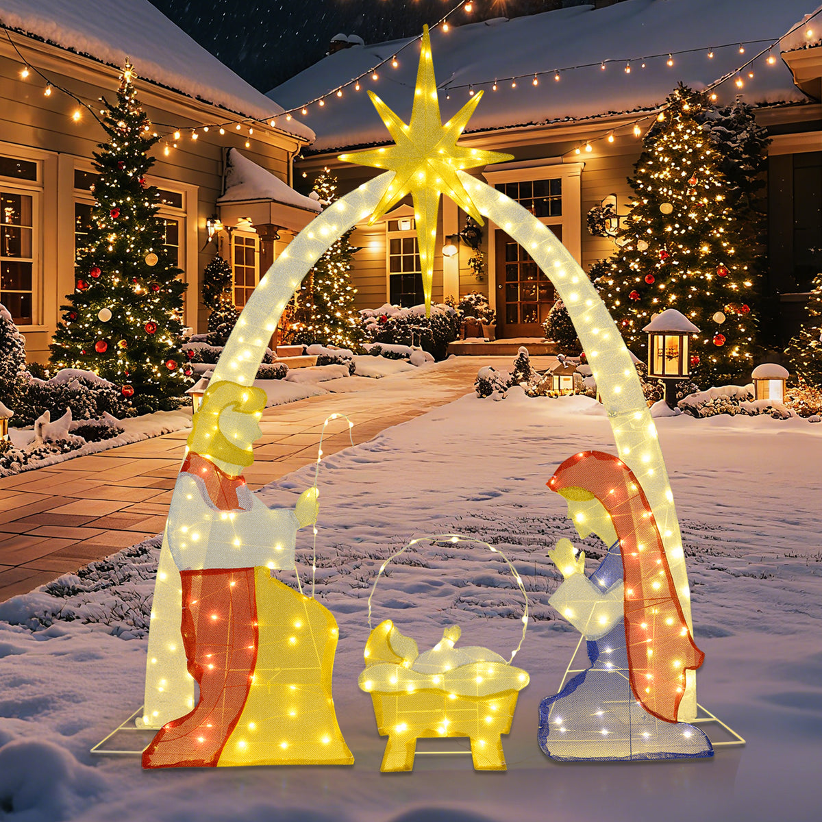 Lighted Nativity Scene Yard Decor with 240 Warm White LEDs - Outdoor Christmas Display