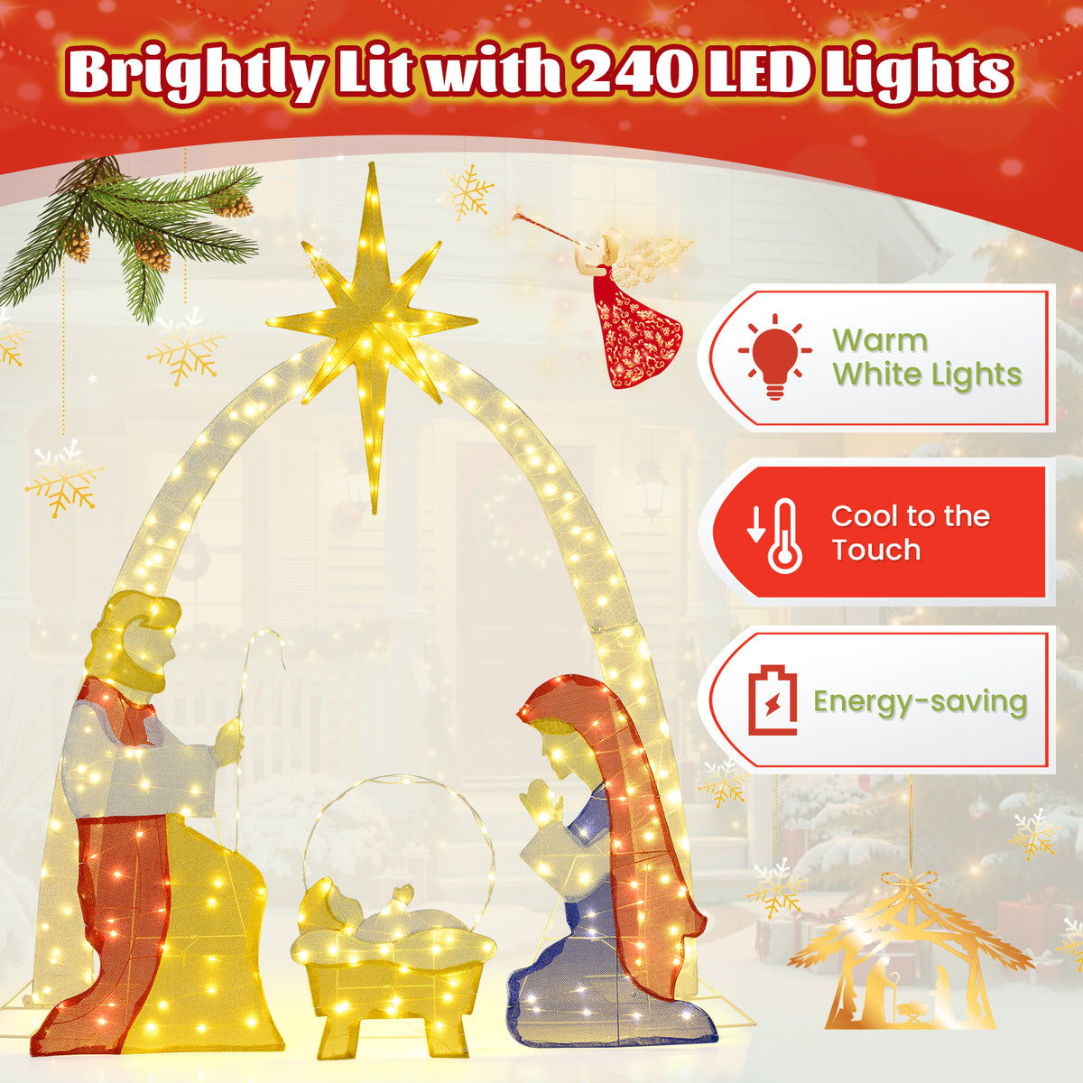 Lighted Nativity Scene Yard Decor with 240 Warm White LEDs - Outdoor Christmas Display