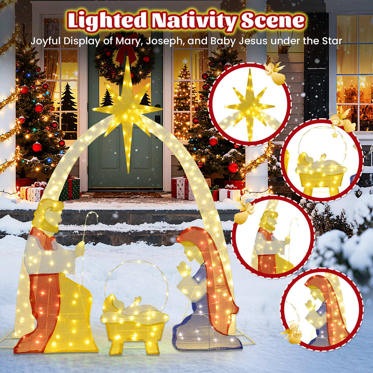 Lighted Nativity Scene Yard Decor with 240 Warm White LEDs - Outdoor Christmas Display