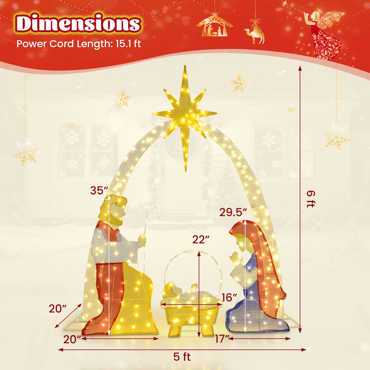 Lighted Nativity Scene Yard Decor with 240 Warm White LEDs - Outdoor Christmas Display