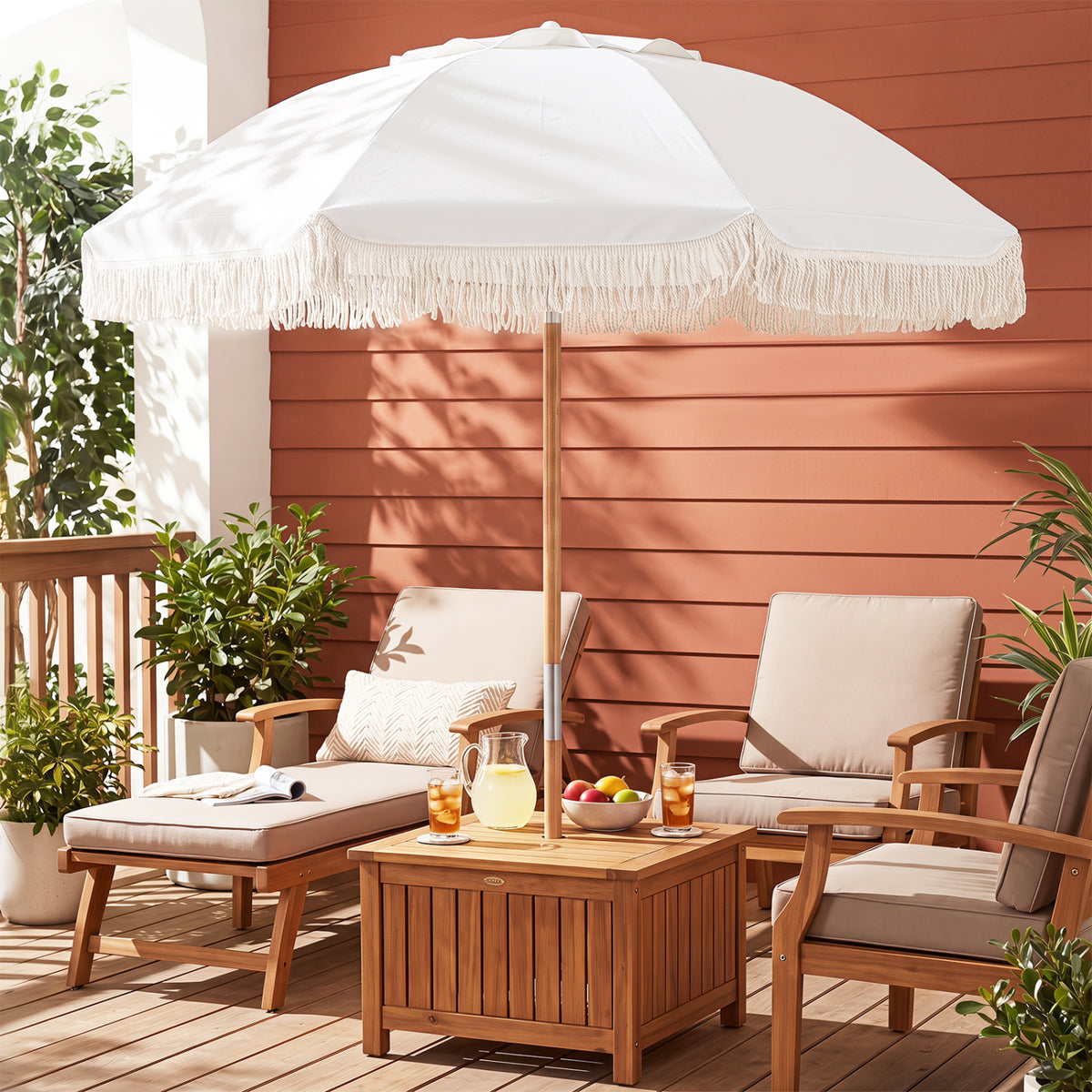 6 Feet Patio Umbrella with Push Button Tilt, Wood Pole - White