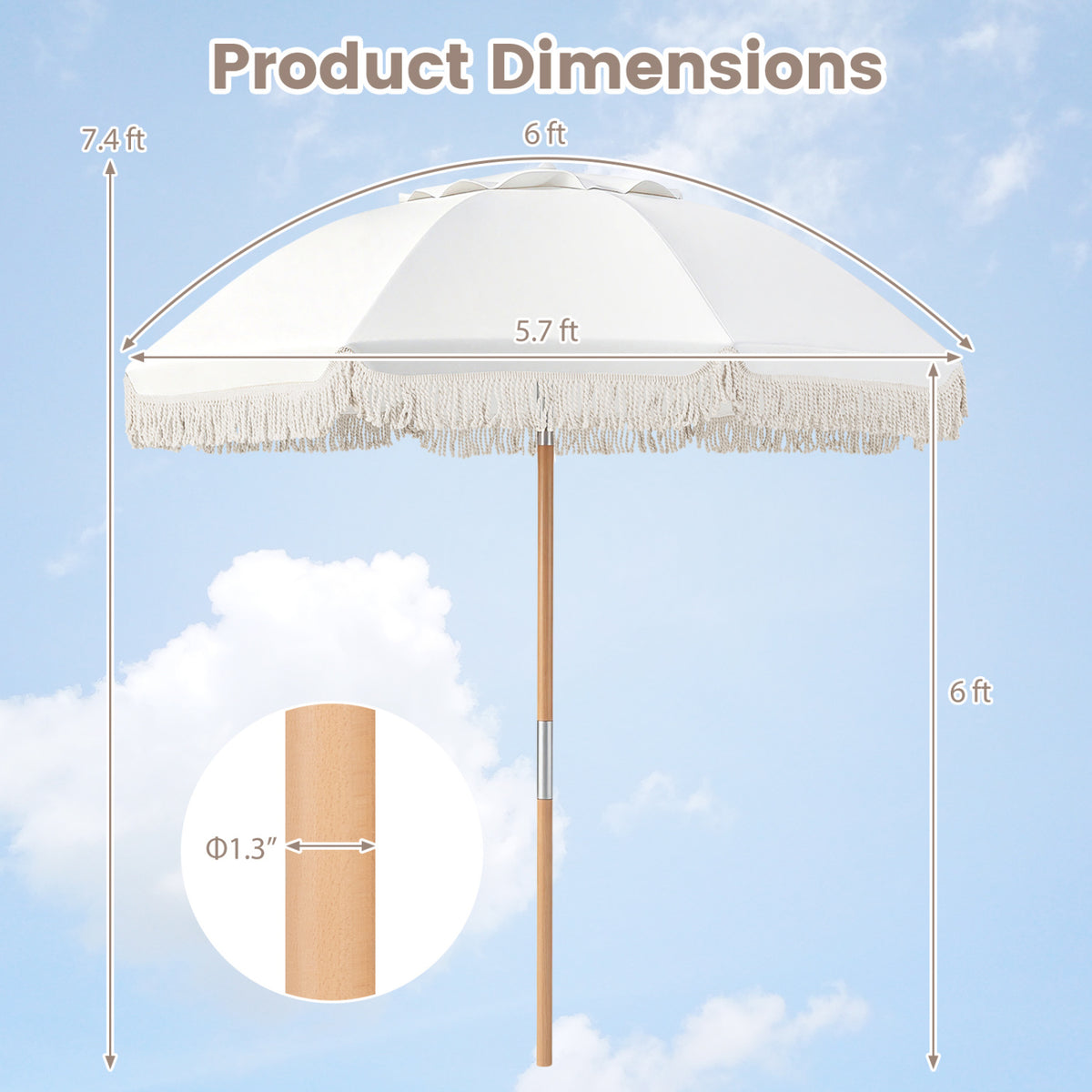 6 Feet Patio Umbrella with Push Button Tilt, Wood Pole - White