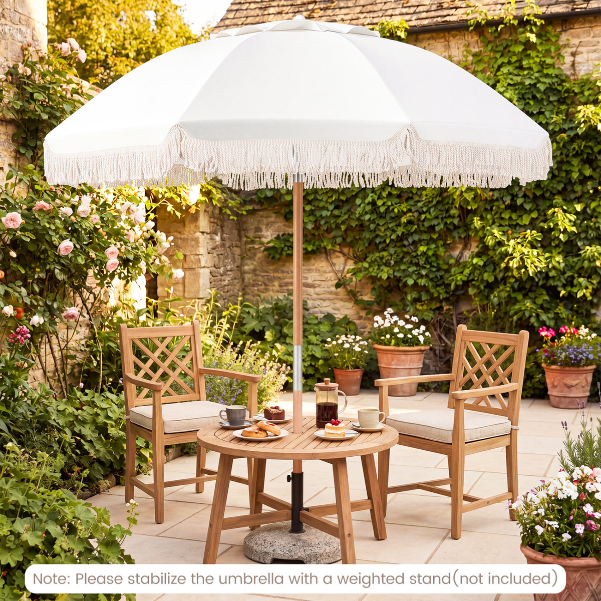 6 Feet Patio Umbrella with Push Button Tilt, Wood Pole - White