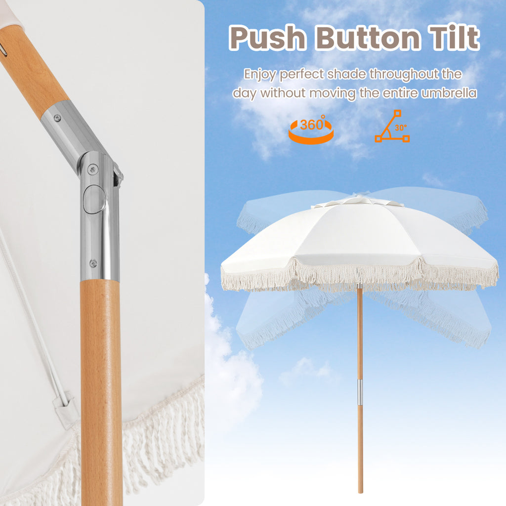 6 Feet Patio Umbrella with Push Button Tilt, Wood Pole - White