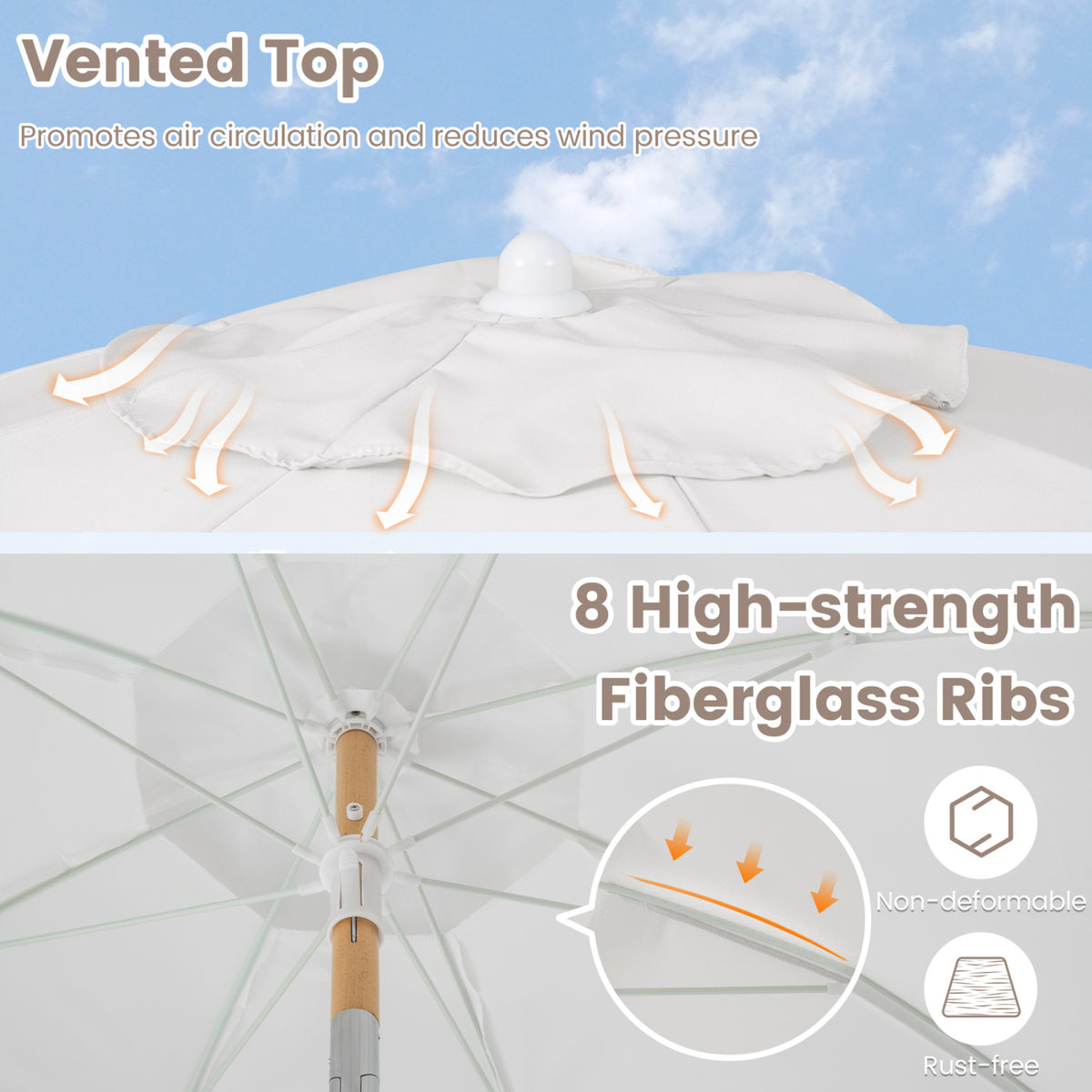 6 Feet Patio Umbrella with Push Button Tilt, Wood Pole - White