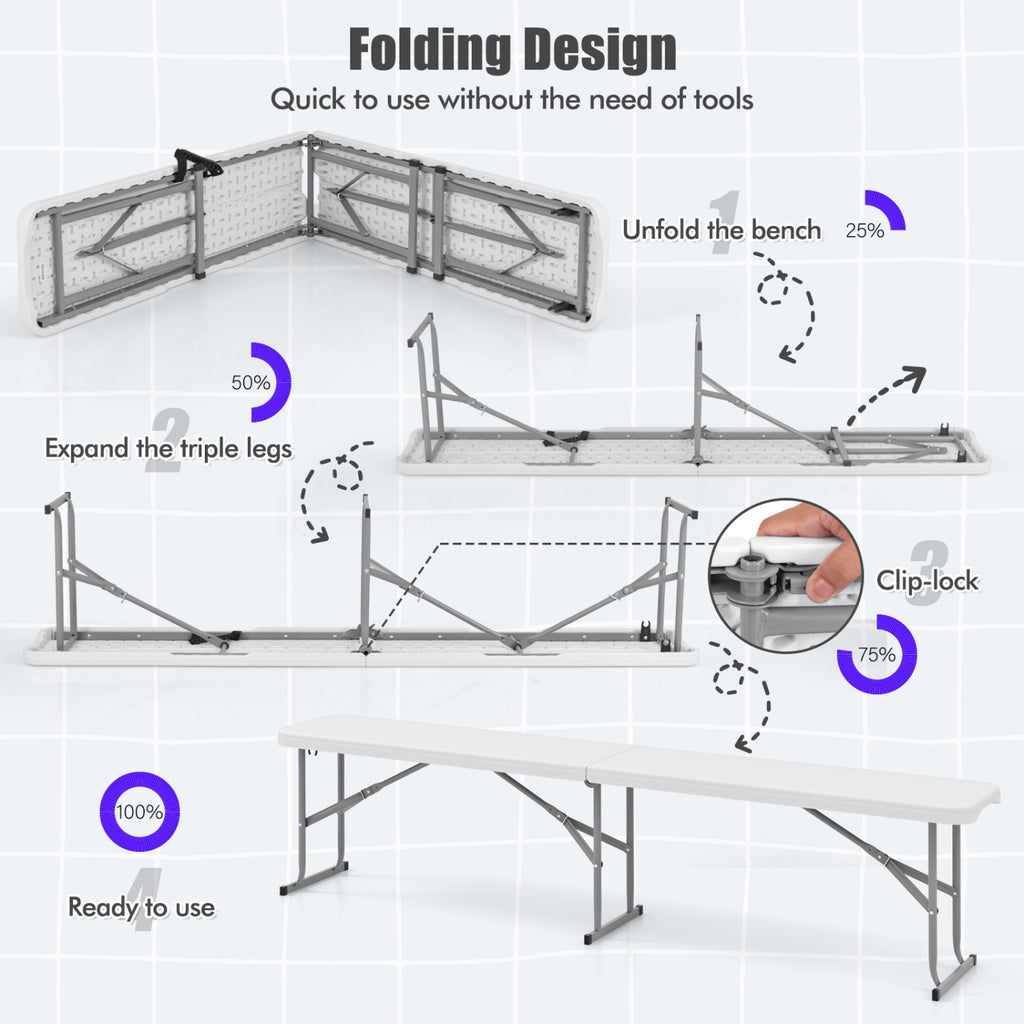 6 Feet Plastic Folding Bench with Handle - White