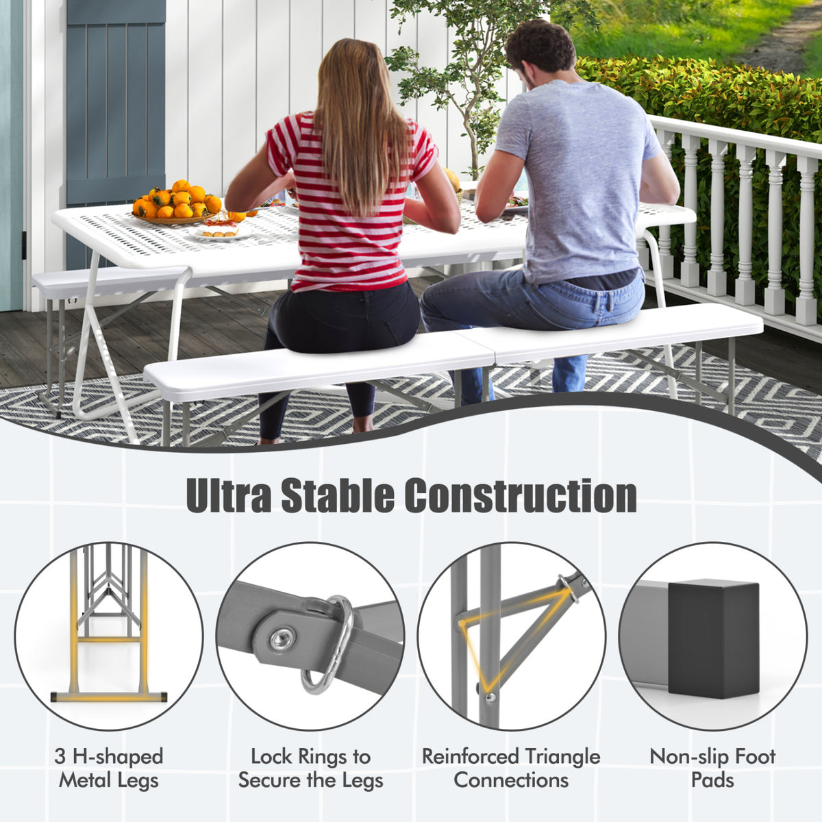 6 Feet Plastic Folding Bench with Handle - White