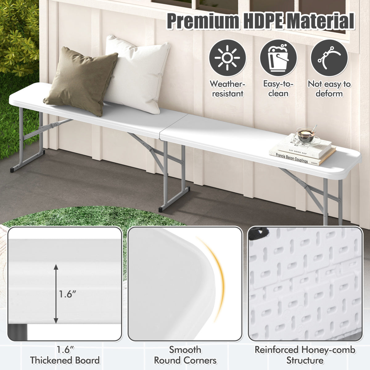 6 Feet Plastic Folding Bench with Handle - White