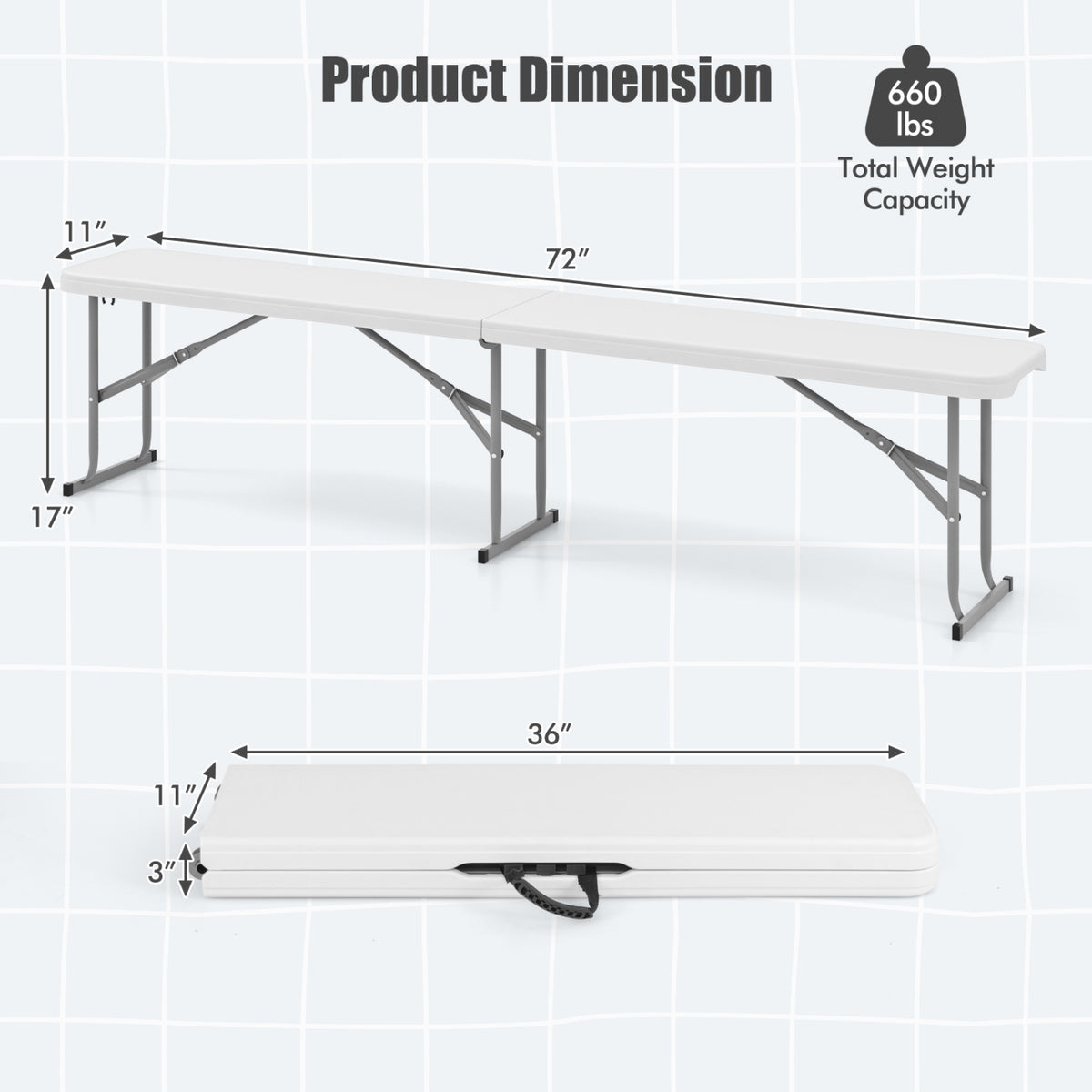 6 Feet Plastic Folding Bench with Handle - White