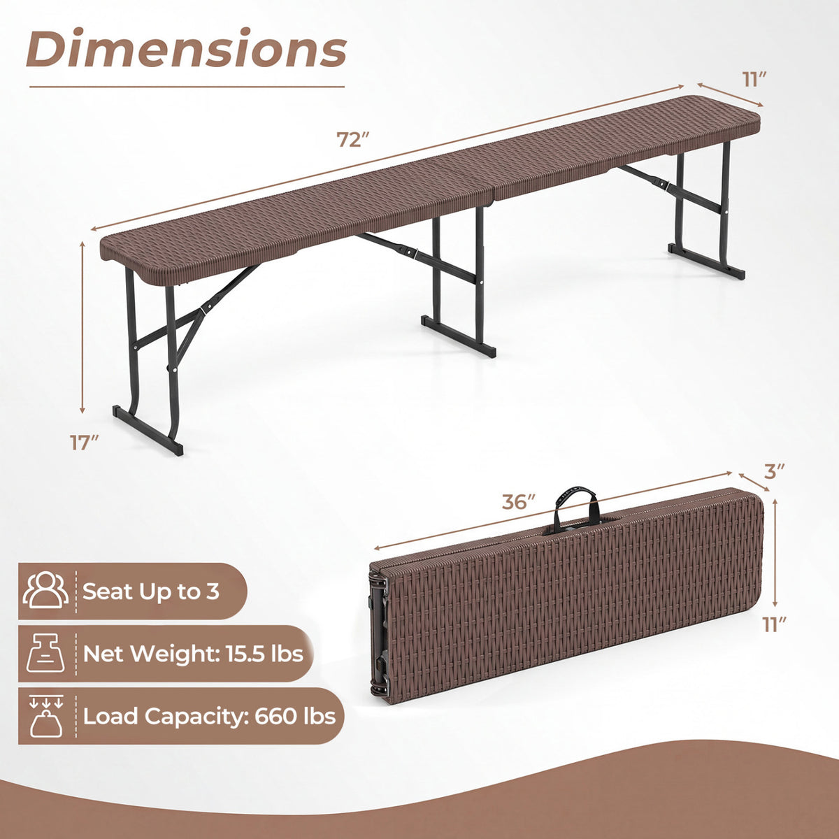 6 Feet Plastic Folding Bench Picnic Camping Dining Seat with Carrying