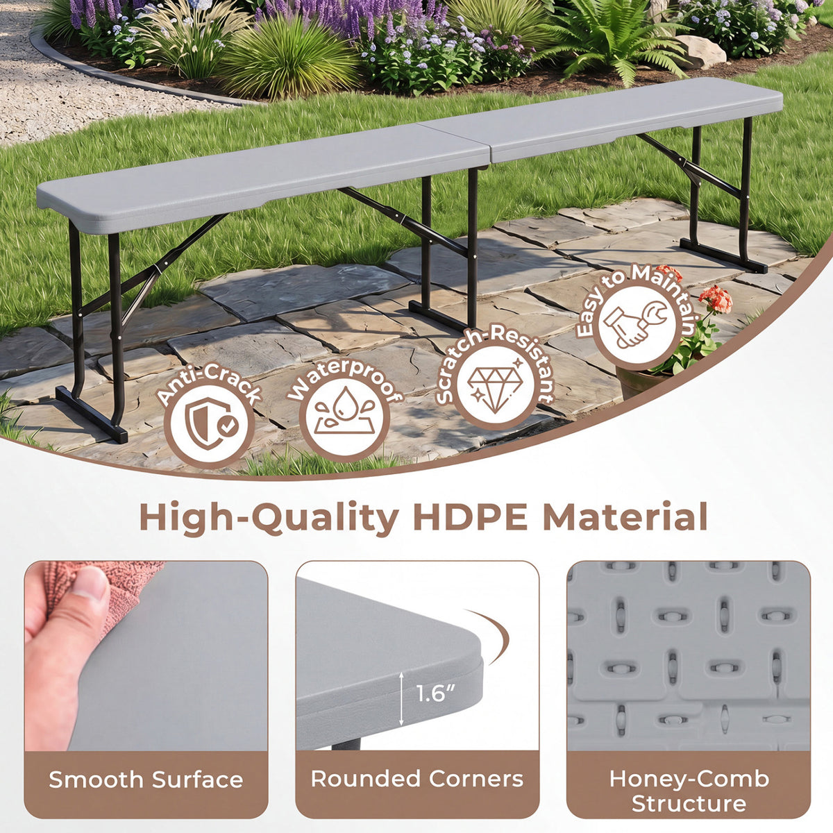 6 Feet Plastic Folding Bench Picnic Camping Dining Seat with Carrying