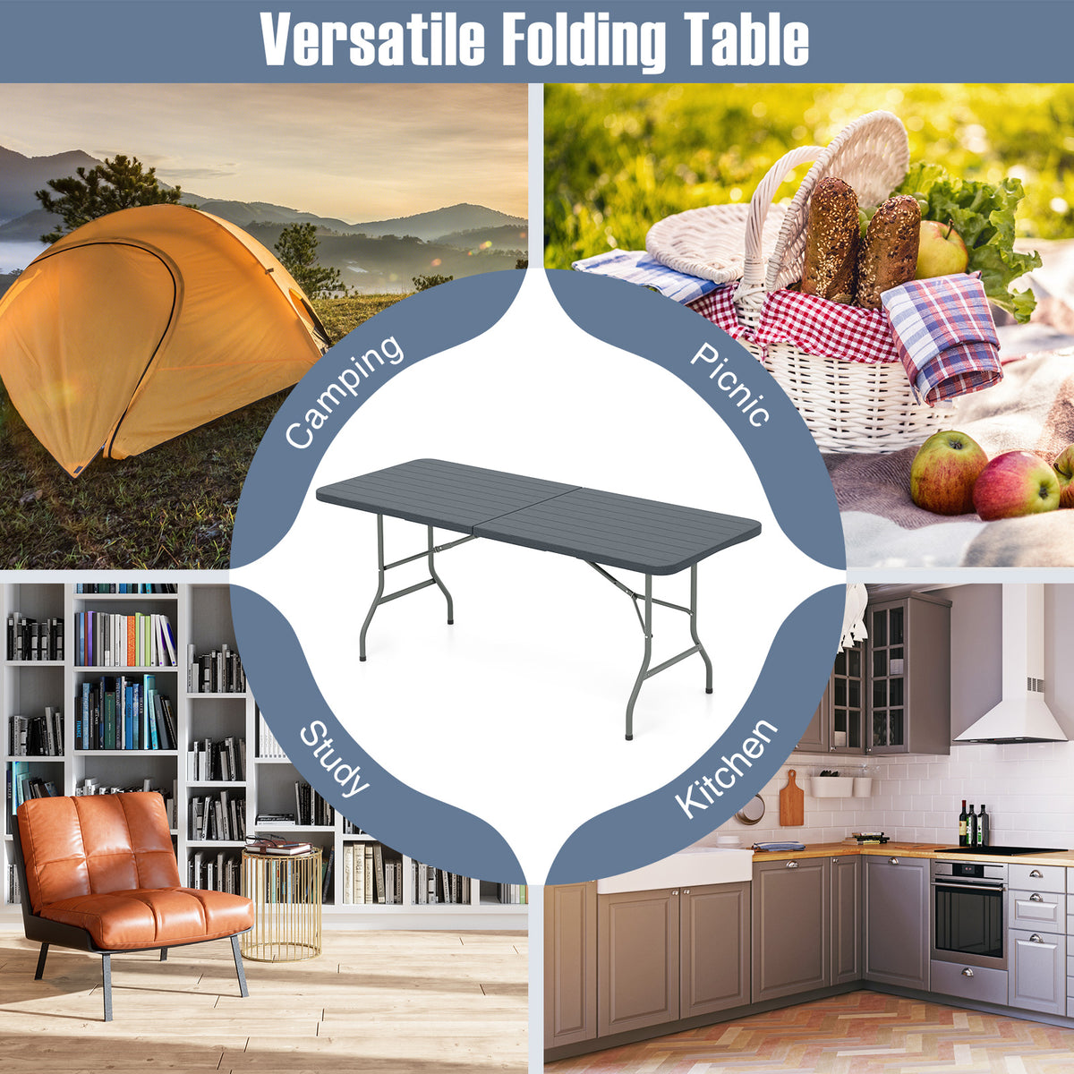 6 ft Folding Table with Wood Grain Tabletop - 71" x 29" Gray