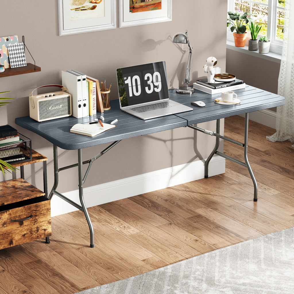 6 ft Folding Table with Wood Grain Tabletop - 71" x 29" Gray