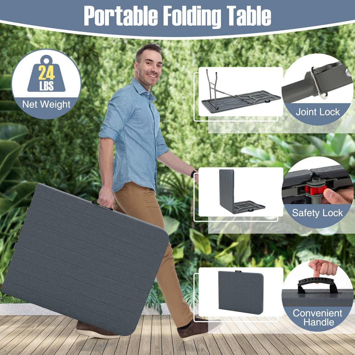 6 ft Folding Table with Wood Grain Tabletop - 71" x 29" Gray