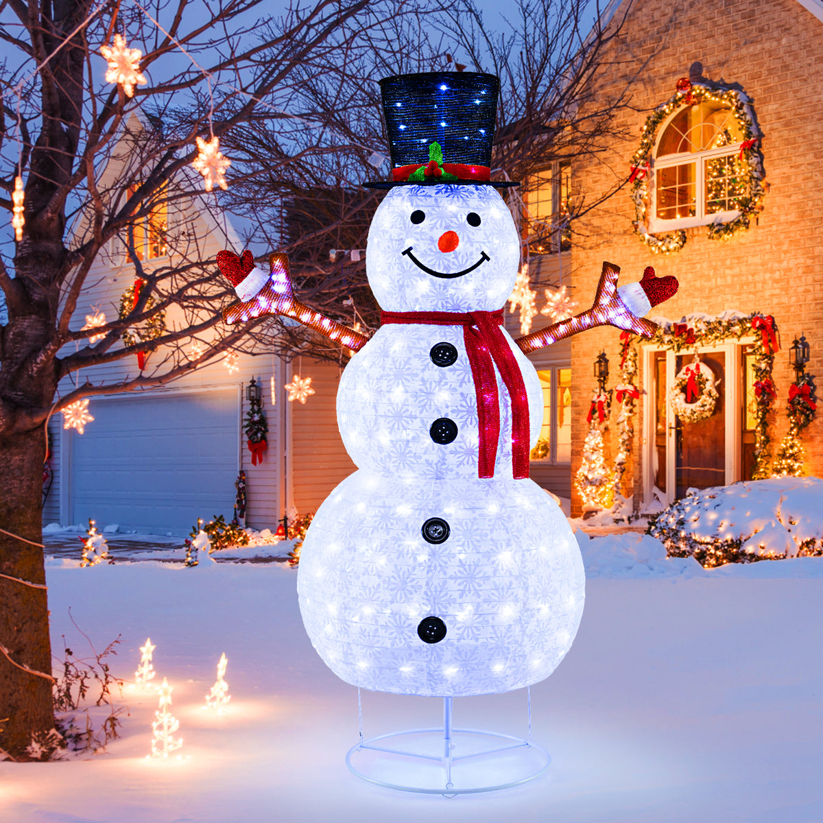 Pre-Lit Christmas Snowman with Built-In LED Lights and Black Hat - Festive Holiday Decor