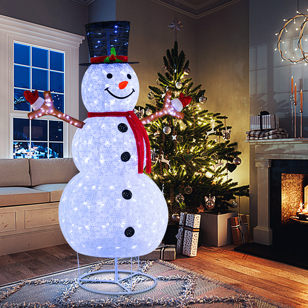 Pre-Lit Christmas Snowman with Built-In LED Lights and Black Hat - Festive Holiday Decor