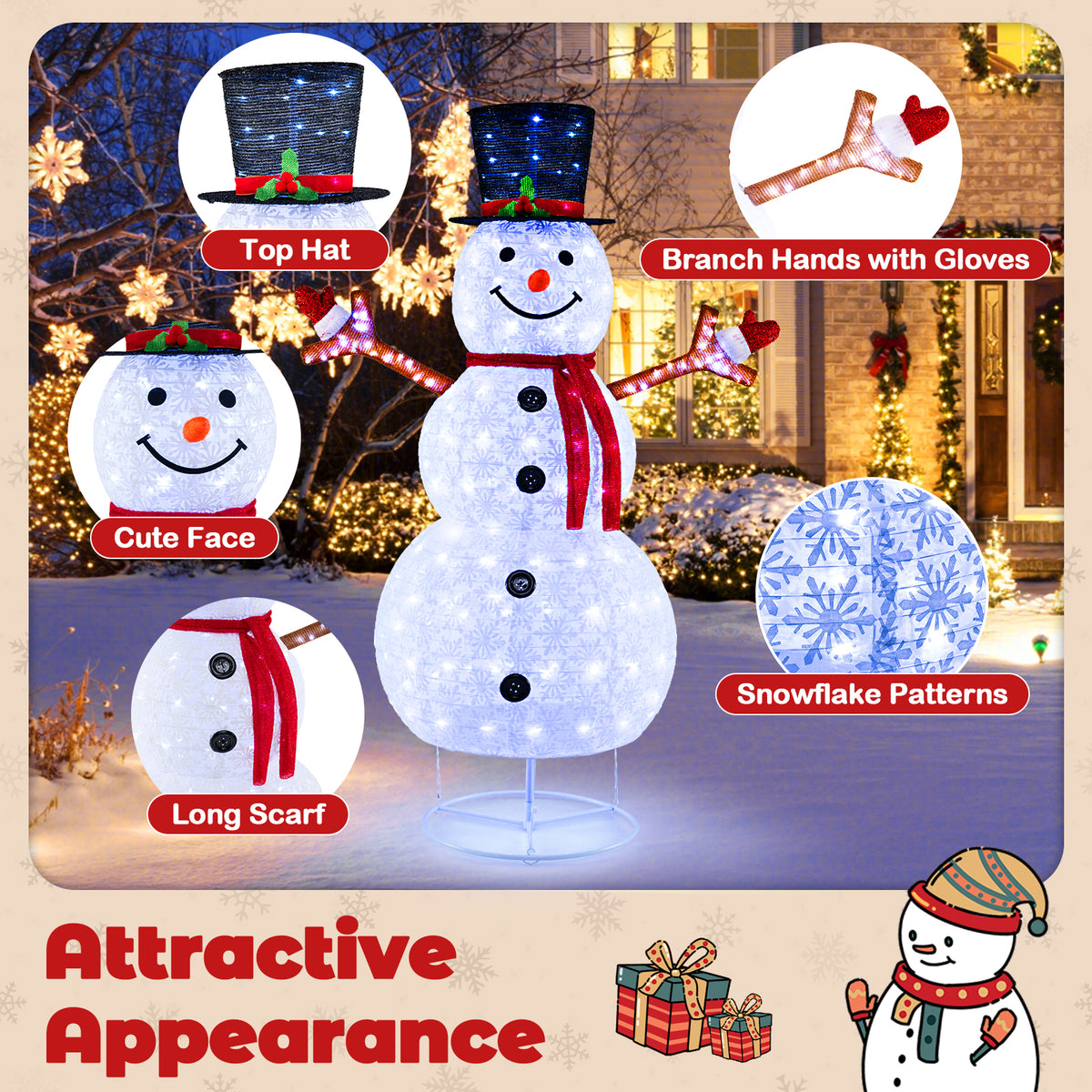 Pre-Lit Christmas Snowman with Built-In LED Lights and Black Hat - Festive Holiday Decor